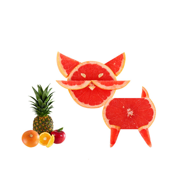 健康饮食。葡萄柚片做成的有趣的小猫。图片下载