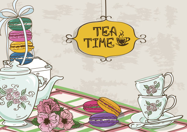 茶具和法式马卡龙的静物插画图片下载
