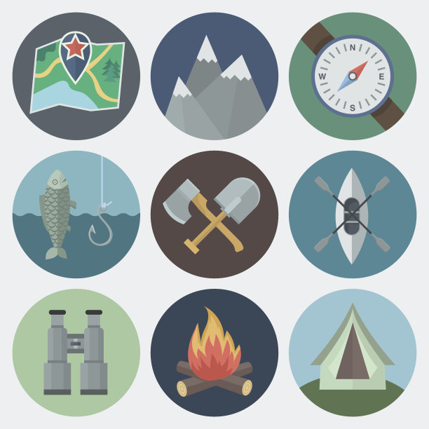 一套不同颜色的扁平圆形露营图标图片下载