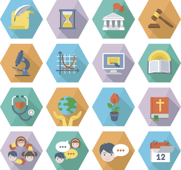 扁平的教育图标设置在六边形图片下载