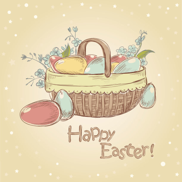 复古的复活节卡片，篮子里装满了五颜六色的彩蛋图片下载