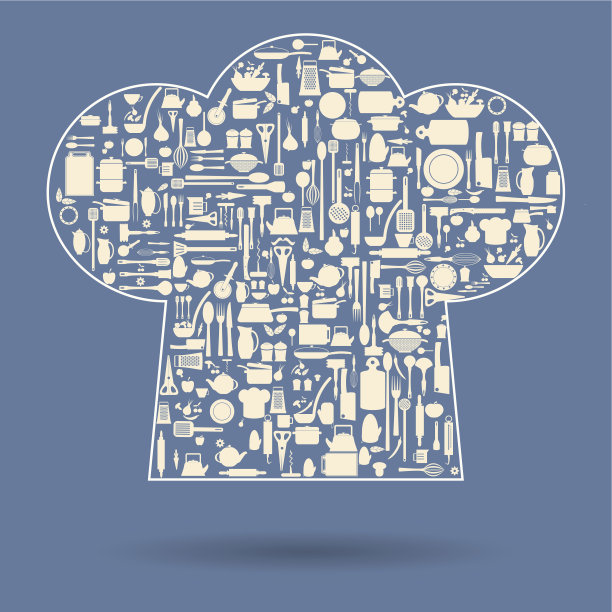 厨师帽的轮廓和可爱的厨房餐具里面。矢量图图片下载