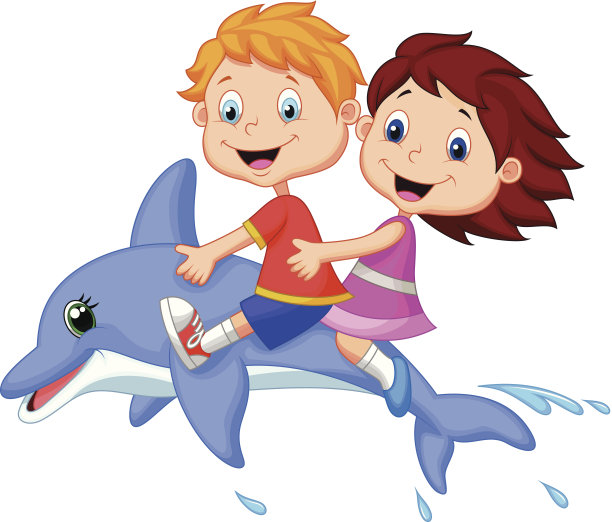卡通男孩和女孩骑着海豚图片下载