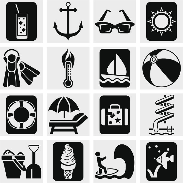 旅游和旅游，夏季矢量图标设置为灰色。图片下载
