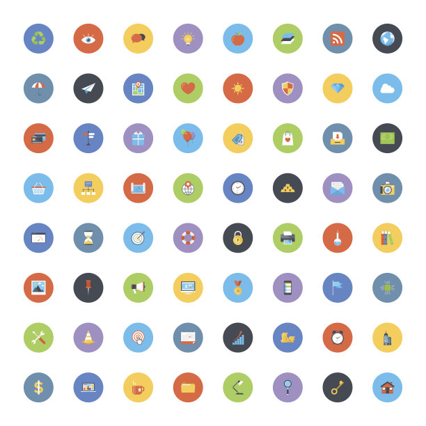 一个充满了彩色通用平面图标的页面图片下载