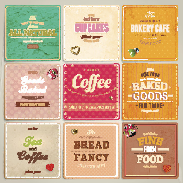 一套九种食品标签的面包，咖啡和烘焙食品图片下载