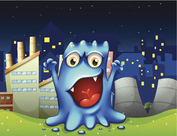 快乐的蓝怪物在城市里图片下载