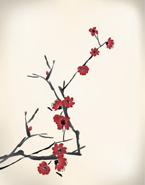 在白色背景上绘有红色花朵的树枝图片下载