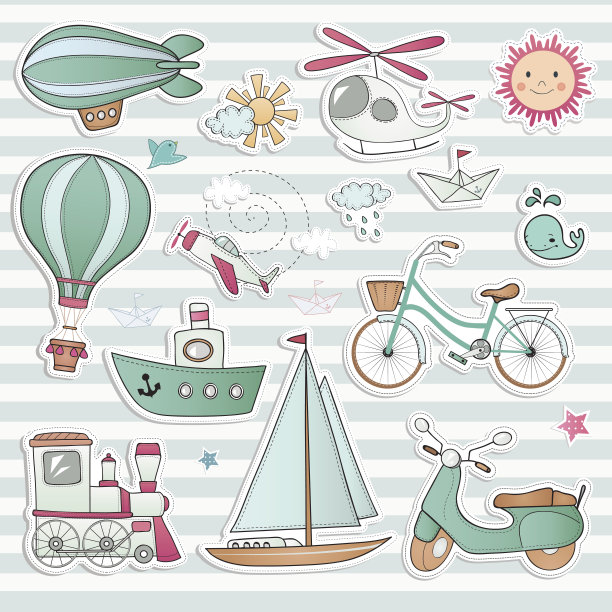 旅游集。地面，水和空中车辆在灯光背景。图片下载