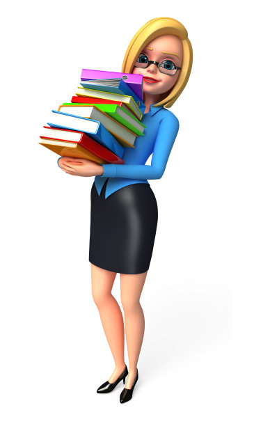年轻的办公室女孩与书堆图片下载