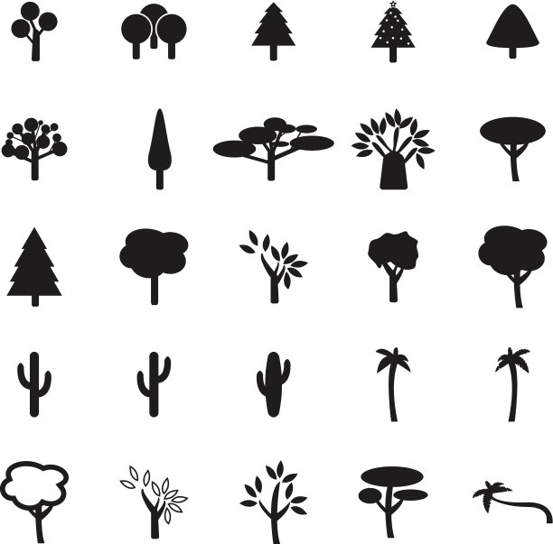 一套平面设计，黑色和白色的树图标图片下载