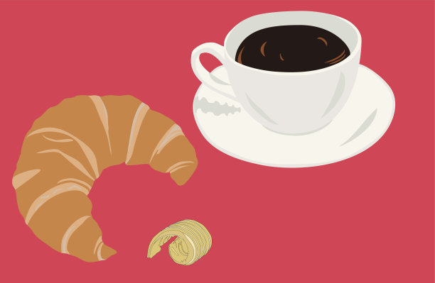 早餐，咖啡，牛角面包和黄油插图图片下载