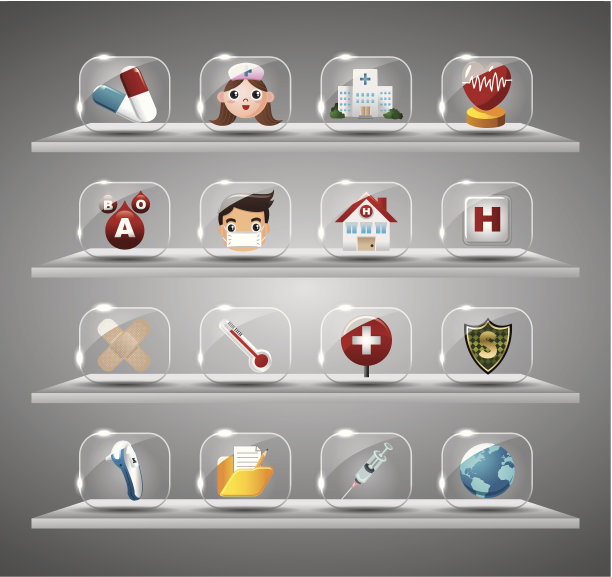 卡通医疗和壁炉，透明玻璃按钮图片下载