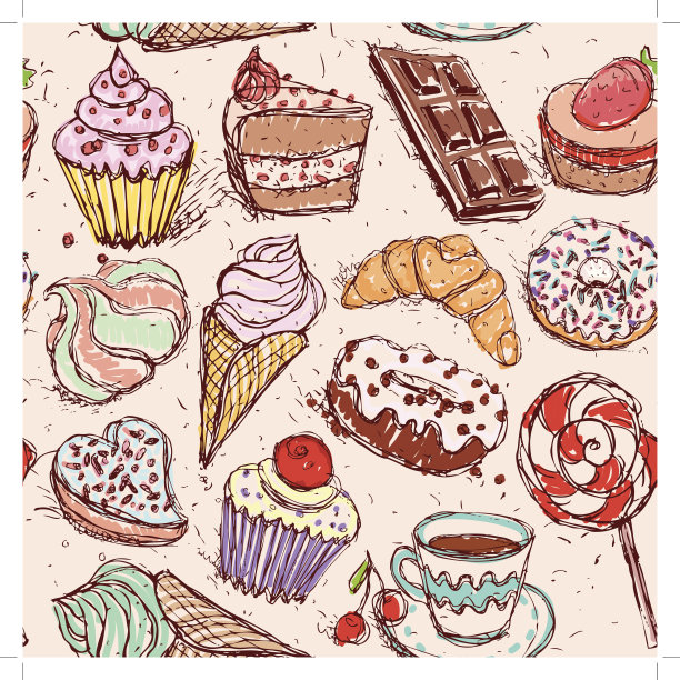 手绘糖果无缝图案牛角面包纸杯蛋糕糖果冰淇淋图片下载