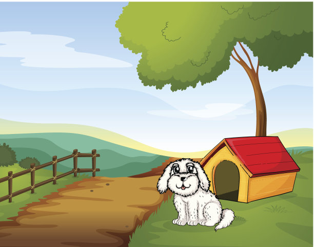 白色的狗坐在房子前面图片下载