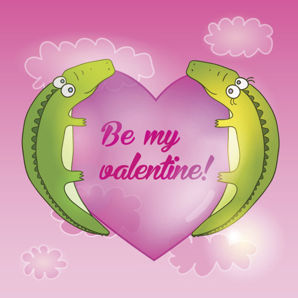 情人节卡片。一对可爱的大鳄鱼。图片下载