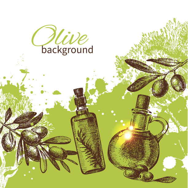 复古绿色设计的橄榄和油在瓶子图片下载