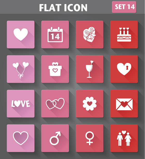 情人节图标设置在平风格与长阴影。图片下载