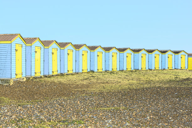 利特尔汉普顿海滩小屋素描。英格兰图片下载