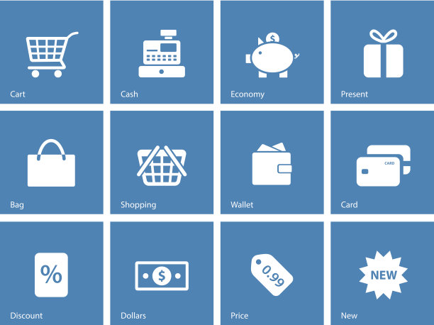 蓝色背景上的购物图标。图片下载