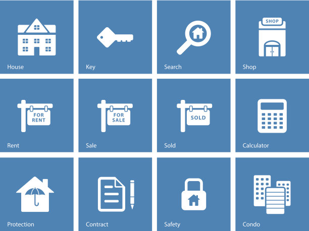 蓝色背景上的房地产图标。图片下载