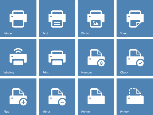 蓝色背景上的打印机图标。图片下载