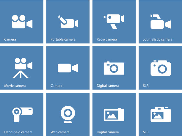 蓝色背景上的相机图标。图片下载