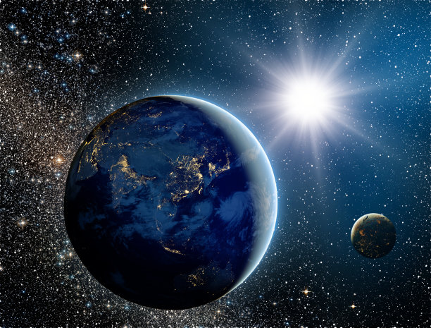 从太空拍摄的地球和太阳照片素材图片
