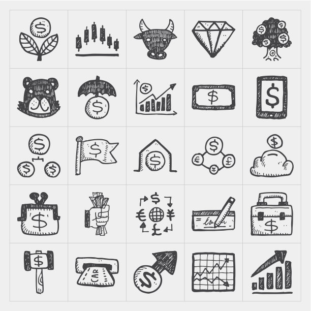 一组几个金融涂鸦图标图片下载