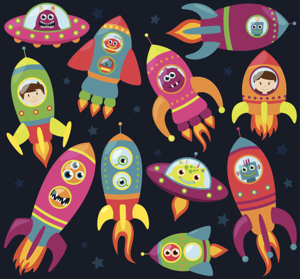 带有外星人的复古风格火箭飞船和宇宙飞船的向量集合图片下载
