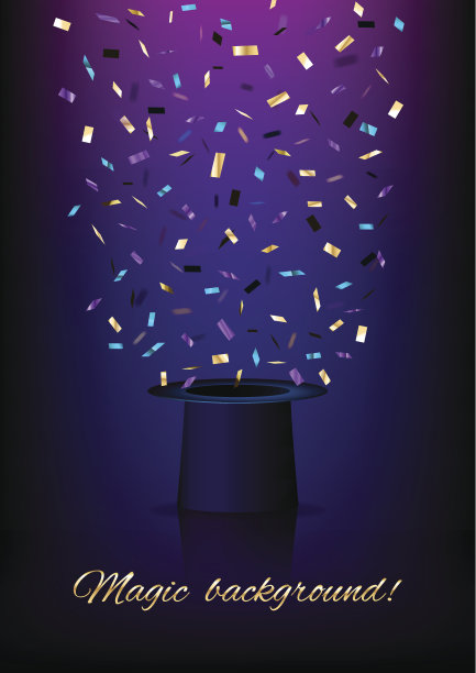 垂直蓝色背景与魔术帽和飞行图形元素。图片下载