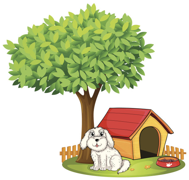 白色的小狗在一棵大树下的狗窝旁边图片下载