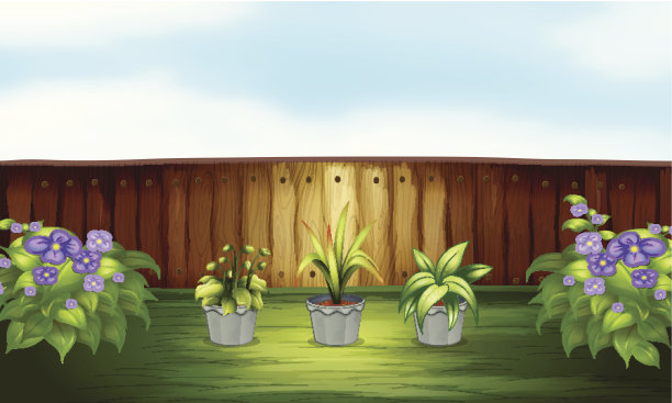 篱笆里面的花盆里有三棵植物图片下载