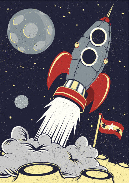 复古太空火箭发射升空。素材图片