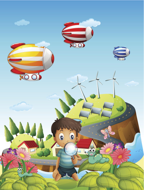 飞艇，村庄和花园里的一个男孩图片下载