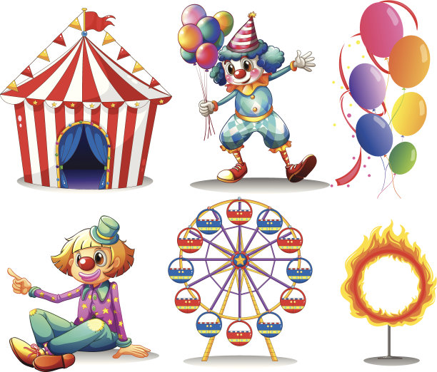 马戏团帐篷，小丑，摩天轮，气球和火圈图片下载