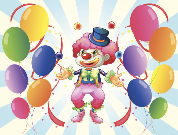 小丑穿着五颜六色的服装，周围都是气球图片下载