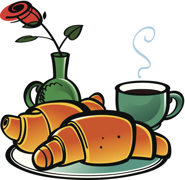 牛角面包、咖啡和玫瑰图片下载