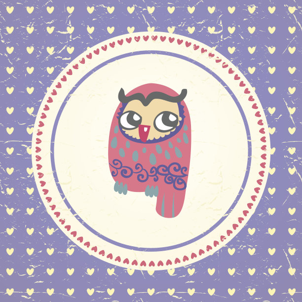 复古猫头鹰贺卡和心形无缝背景。图片下载