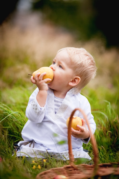 小男孩拿着篮子吃水果图片下载