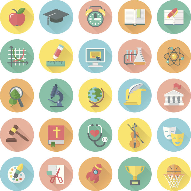 现代扁平圆形的学校科目图标和教育符号图片下载
