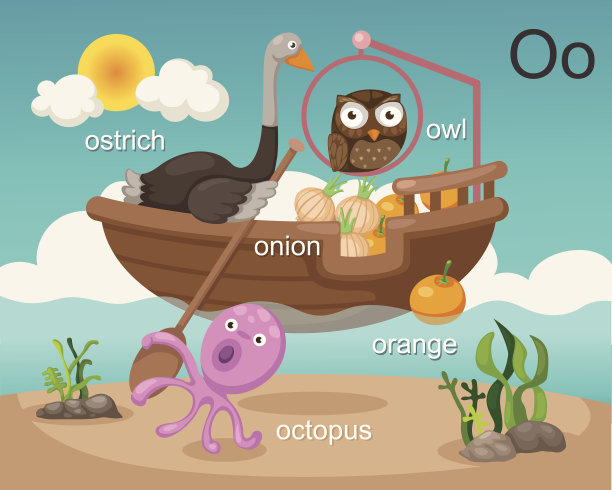 字母表。O letter.ostrich、洋葱、章鱼、橙色,猫头鹰图片下载
