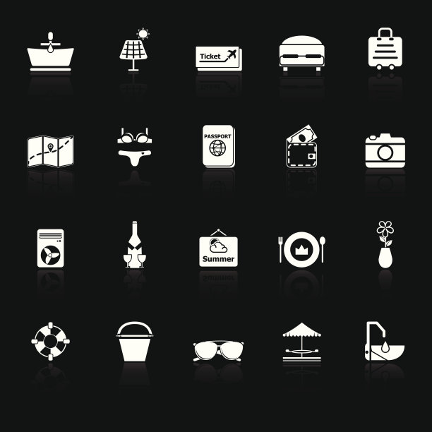 夏季图标与反映在黑色背景图片下载