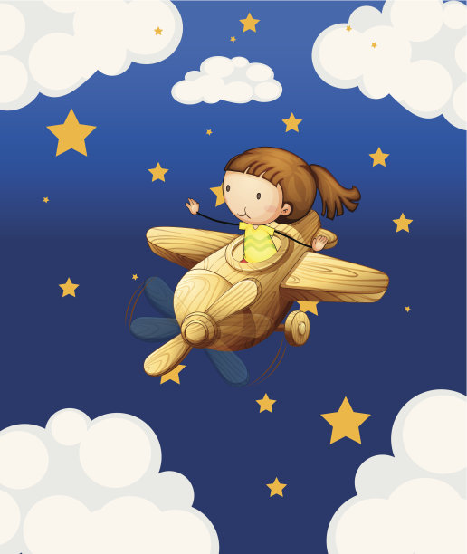 女孩坐在一架木制飞机上图片下载