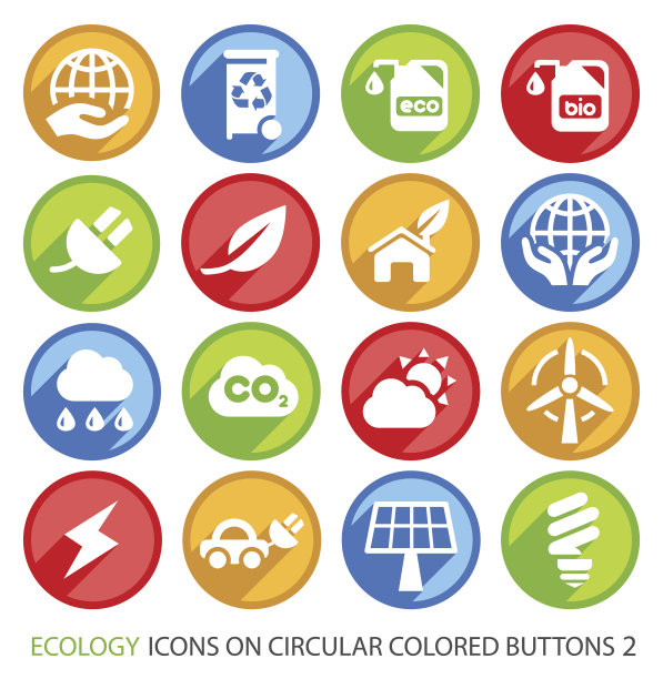 圆形彩色按钮上的生态图标。图片下载
