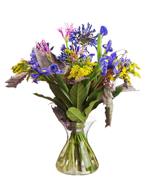 白色背景上分离的百合和兰花花束。图片下载