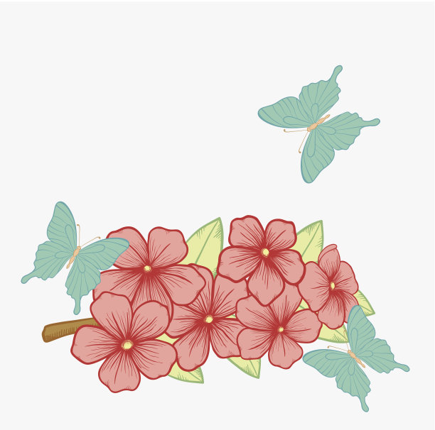 美丽的背景与树枝的开花树木和蝴蝶。图片下载