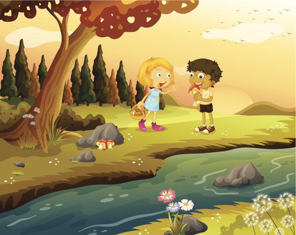 一个男孩和一个女孩在河边的森林里玩耍图片下载