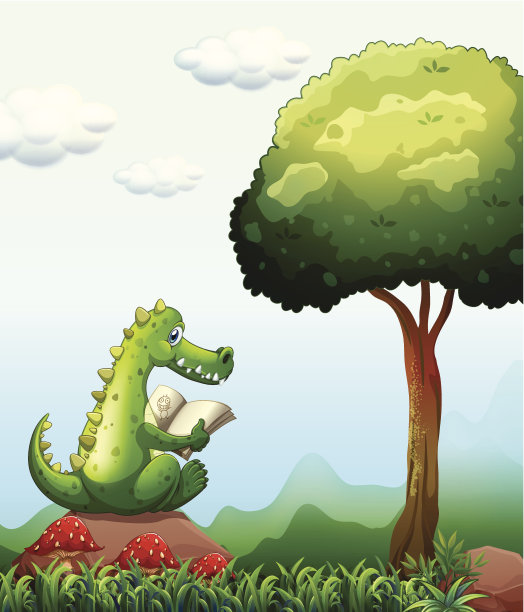 鳄鱼在树旁的岩石上看书图片下载