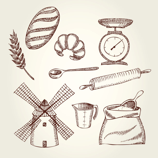 一套复古的面包房图标。图片下载